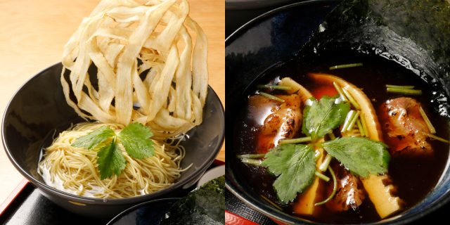 〈めし屋 賛辞〉の「昆布水つけそば ごぼう天トッピング」