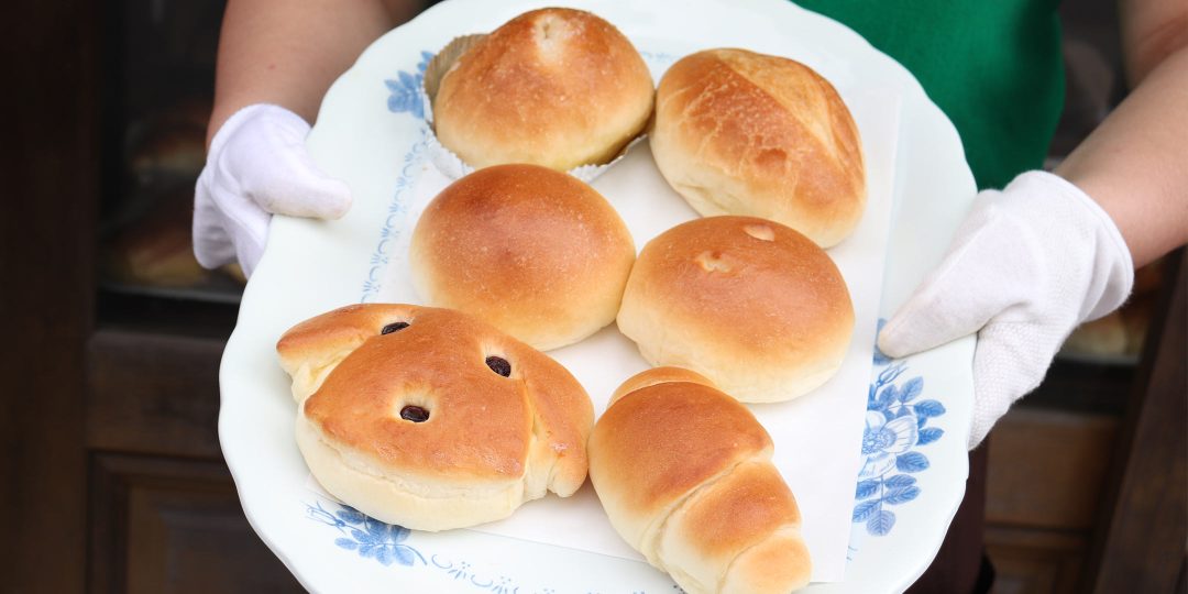 〈友永パン屋〉のアンパンやバターロールがお皿に並ぶ